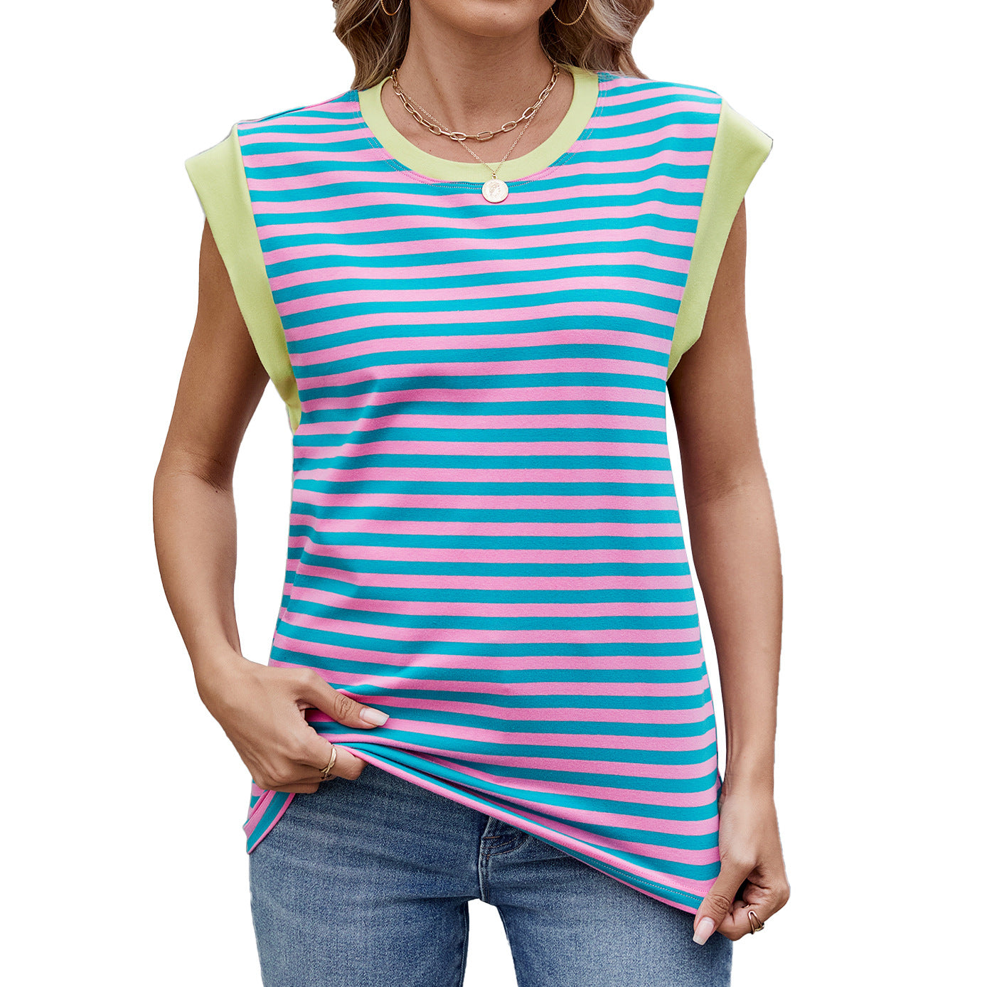 Women Striped Color Contrast Round Neck Loose Short Sleeve Tshirt