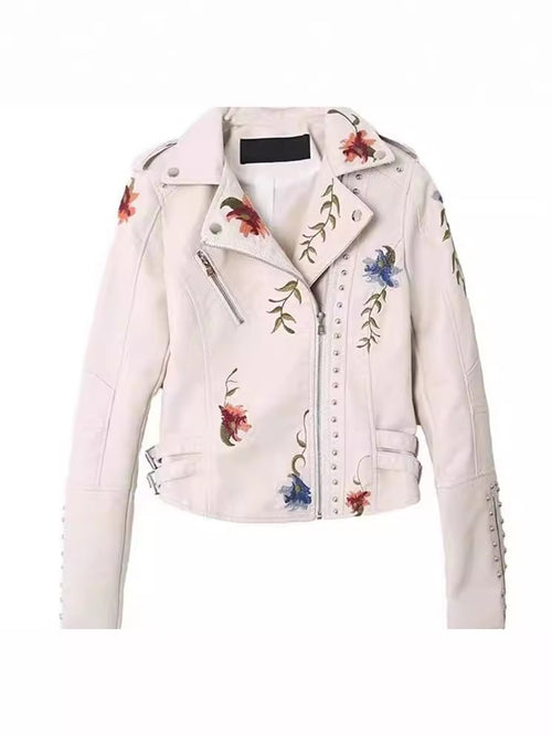 Embroidered Rivet Detail Leather Jacket