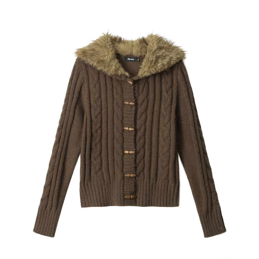 Womens Hooded Cardigan with Fur Collar