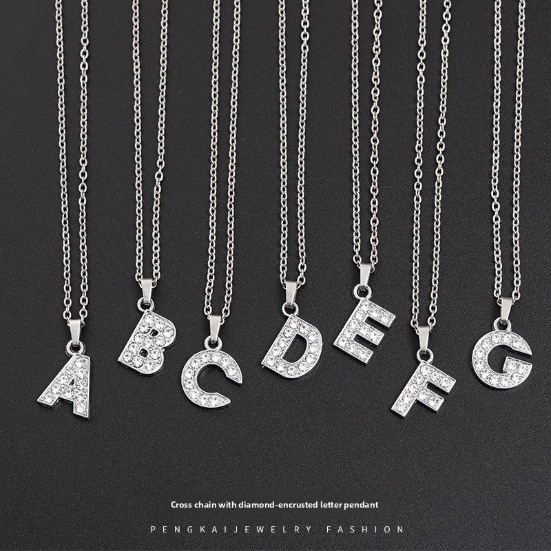 Stainless Steel Letter Pendant Necklace Diamond-Encrusted Women Jewelry