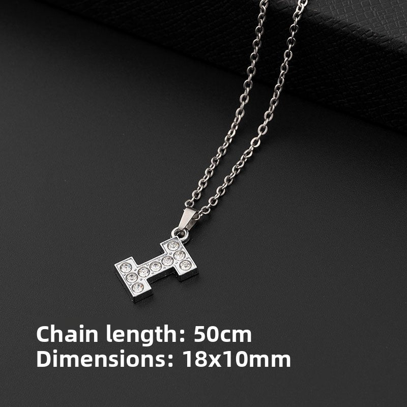 Stainless Steel Letter Pendant Necklace Diamond-Encrusted Women Jewelry
