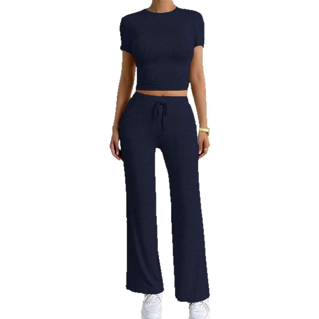Women Solid Color Casual Long Pants and Short Sleeve Top Two Piece Set