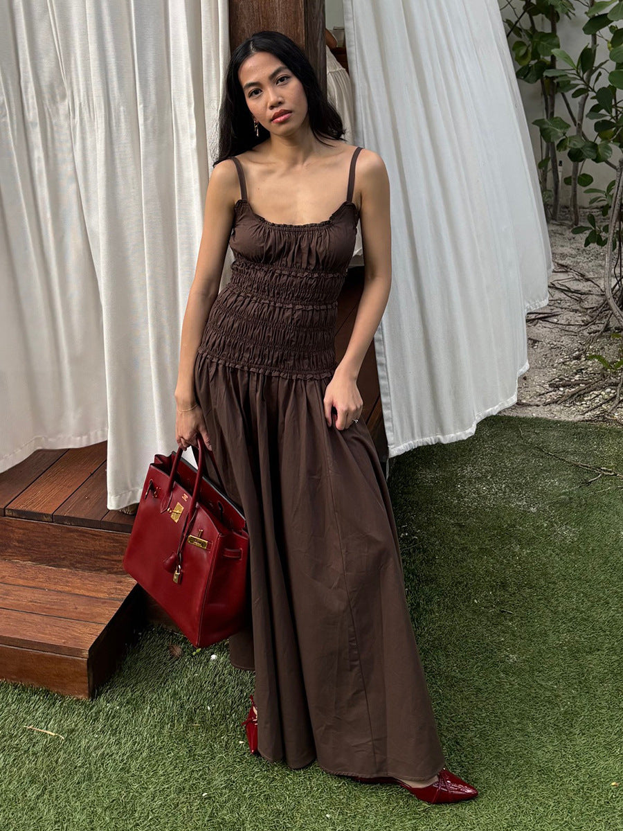 Women's Pure Cotton Spaghetti Strap Pleated Long Dress