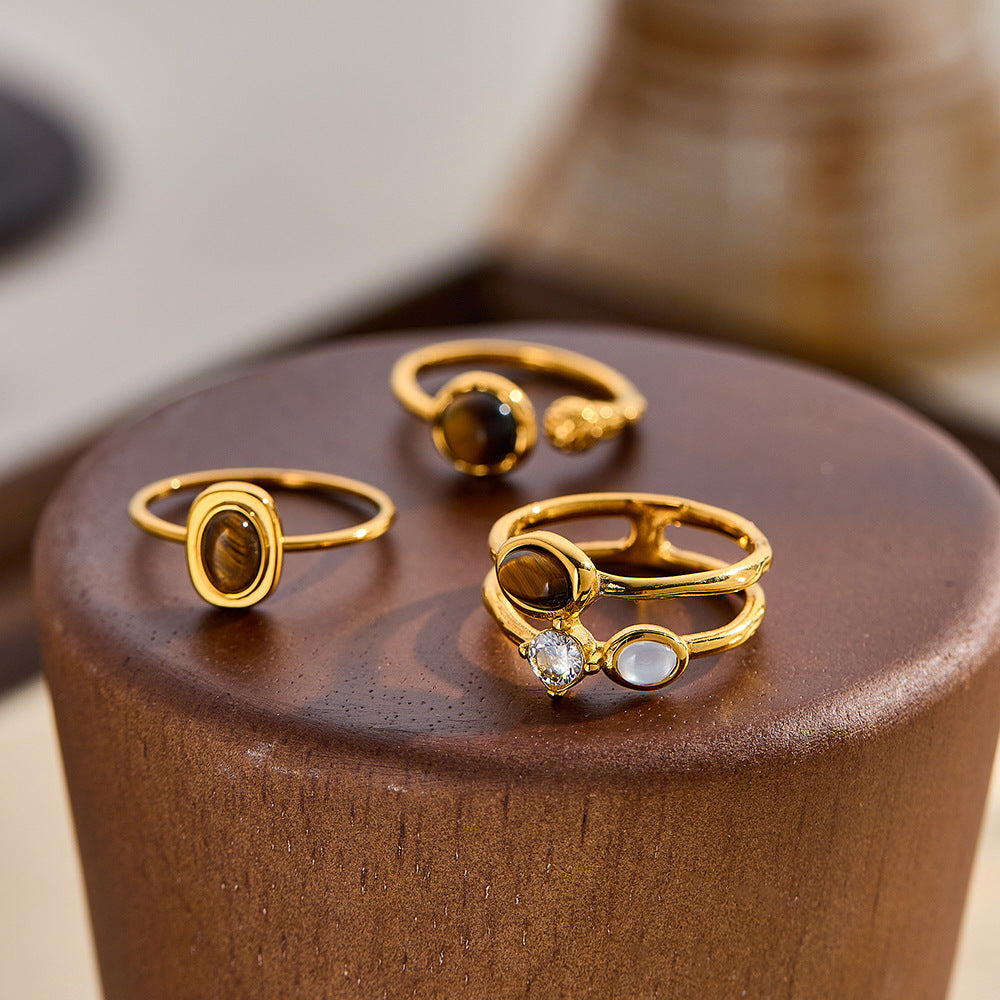 Tiger Eye Stone Stainless Steel Ring with Zircon Inlay for Women