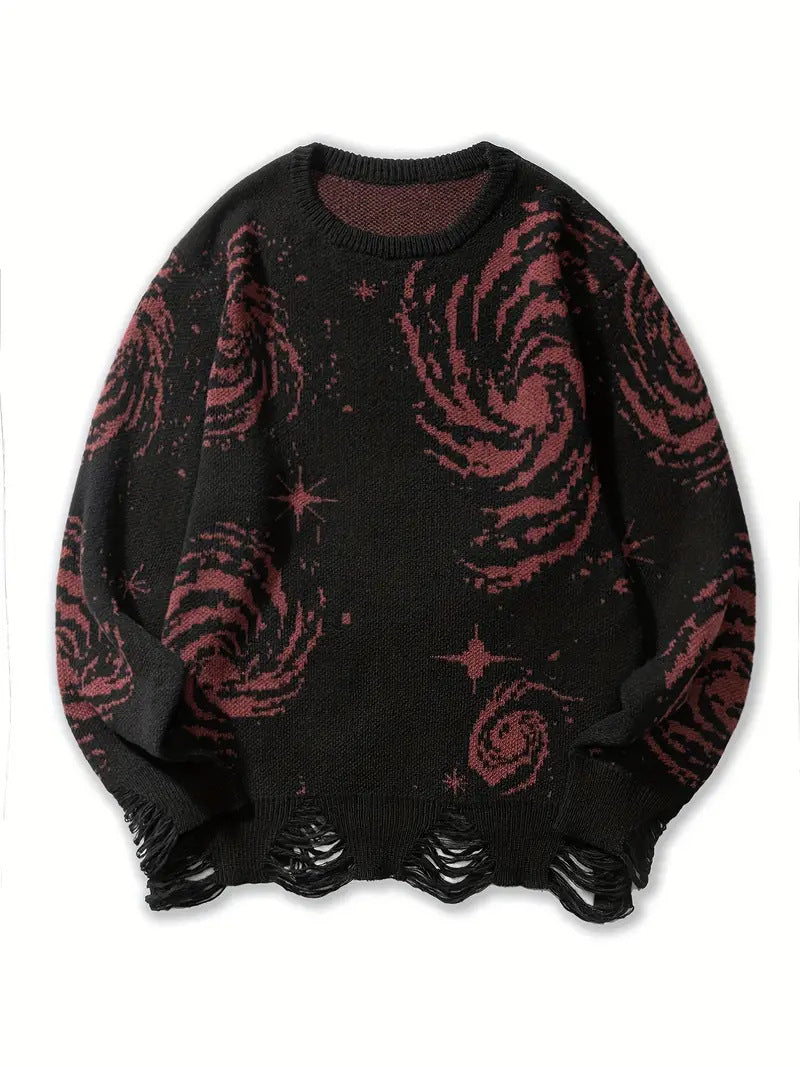 Womens Y2K Vintage Swirl Pattern Printed Loose Ripped Sweater