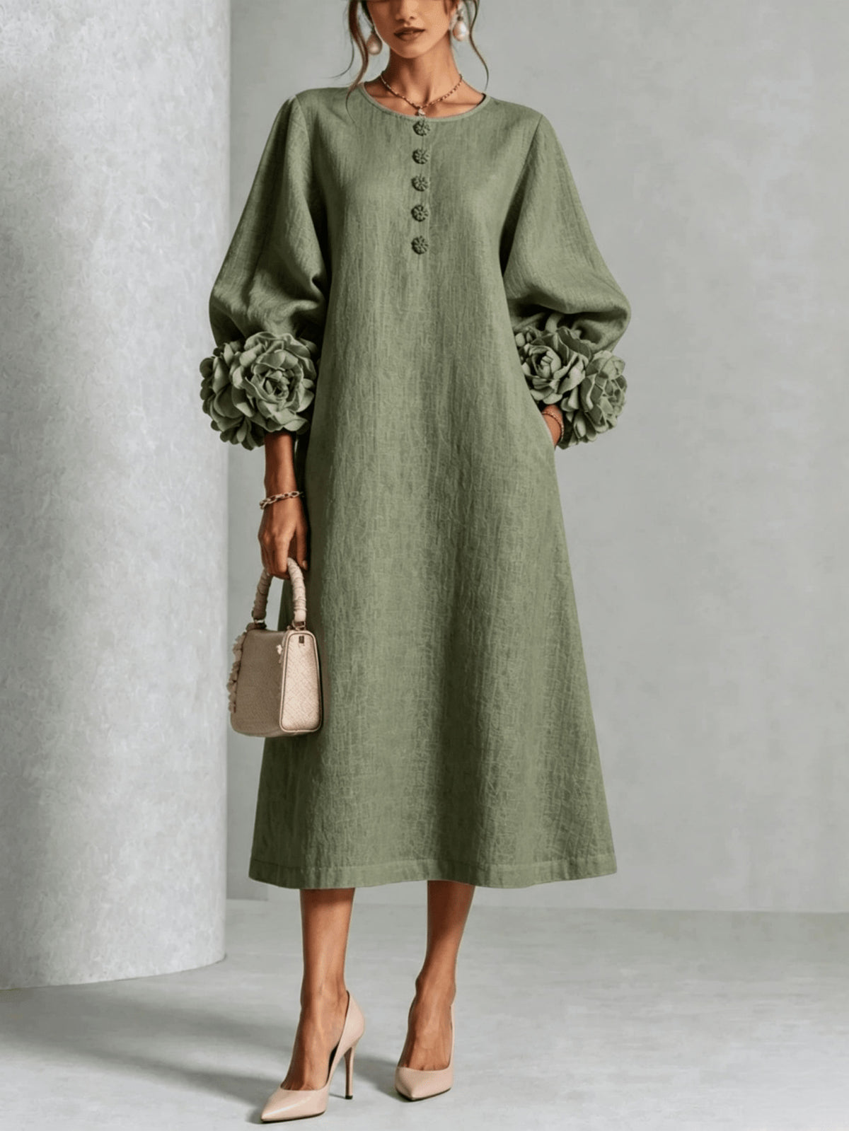 French-style three-dimensional flower lantern-style sleeve cotton and linen mid-length dress
