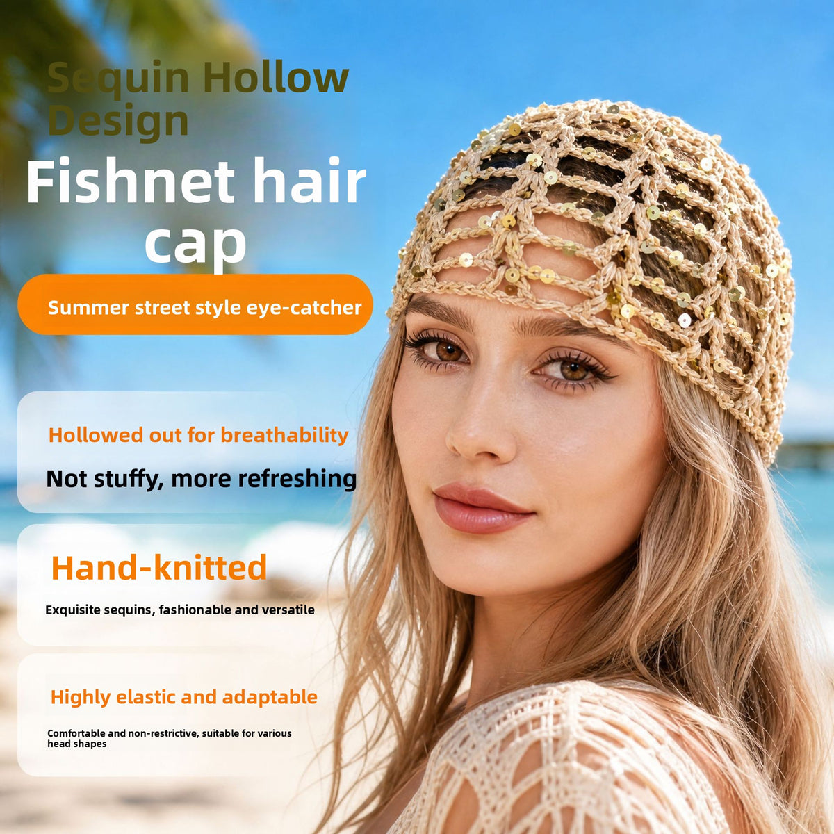 Handmade Knitted Mesh Sequin Headscarf Cap