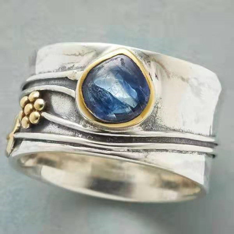 Ocean Blue Drop Leaf Flower Two-Tone Fashion Ring