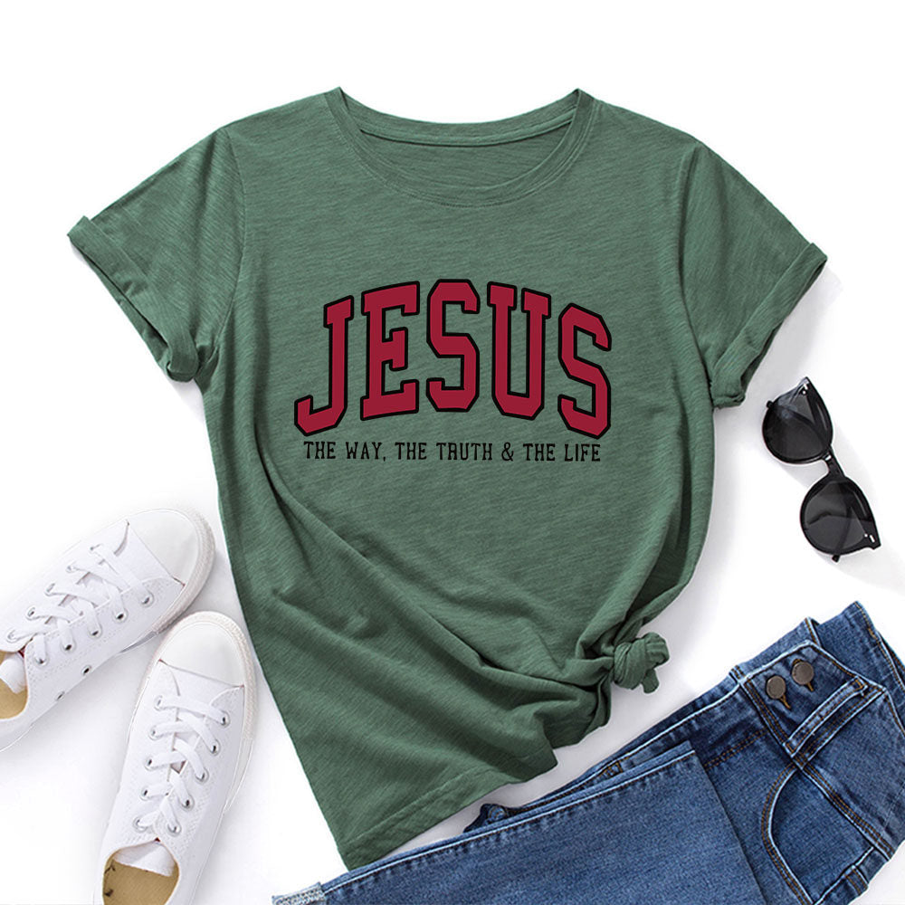 Jesus Letter Print Cotton Tshirt Loose Fit Short Sleeve Top