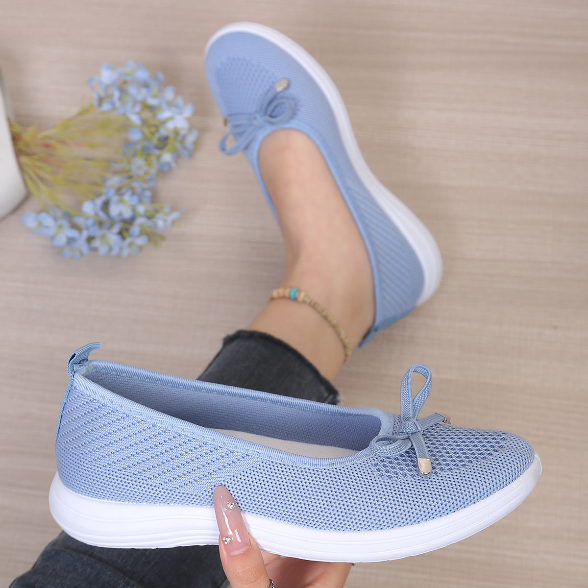 Womens Breathable Fly-Knit Bowknot Casual Walking Shoes