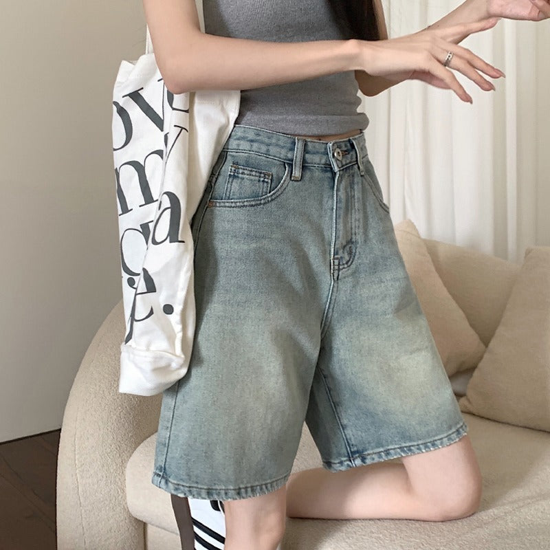 Women's loose washed high-waisted straight-leg denim shorts