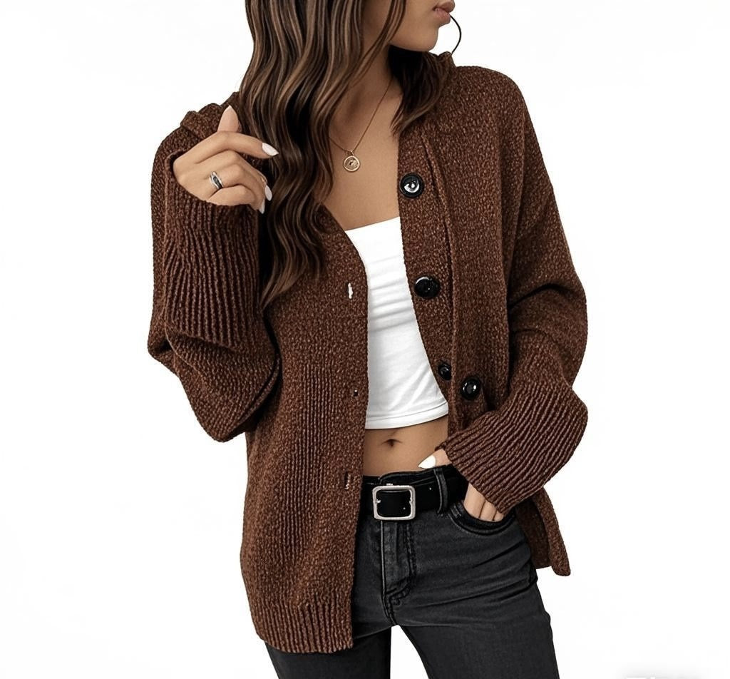 Womens Solid Color Hooded Drawstring Knit Cardigan Jacket