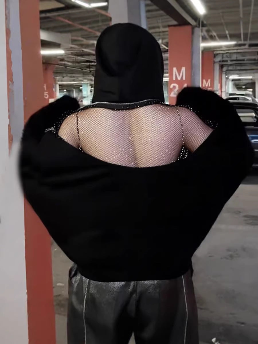 Mesh Patchwork Zipper Hooded Sweatshirt