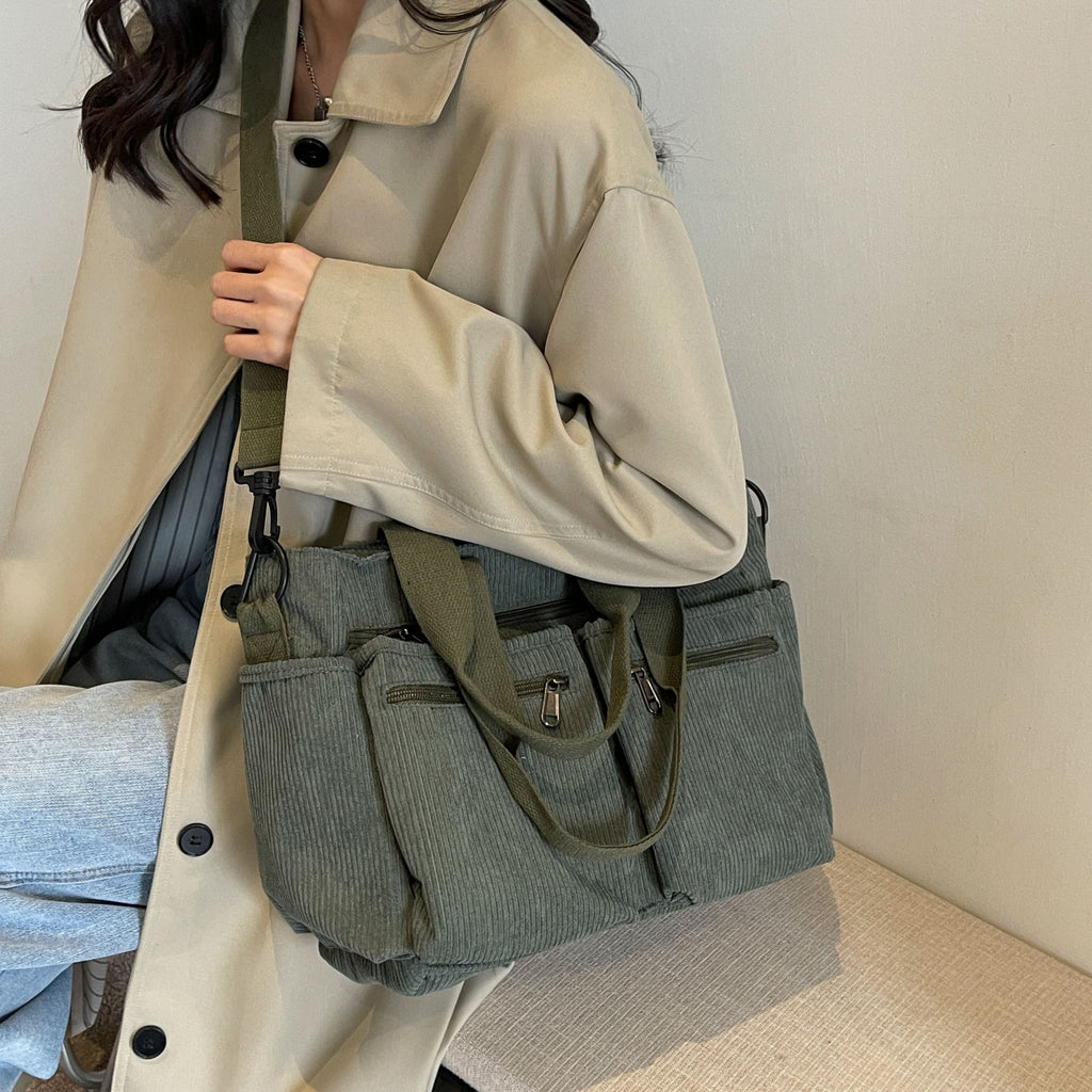 Large-capacity corduroy shoulder bag with slanted strap