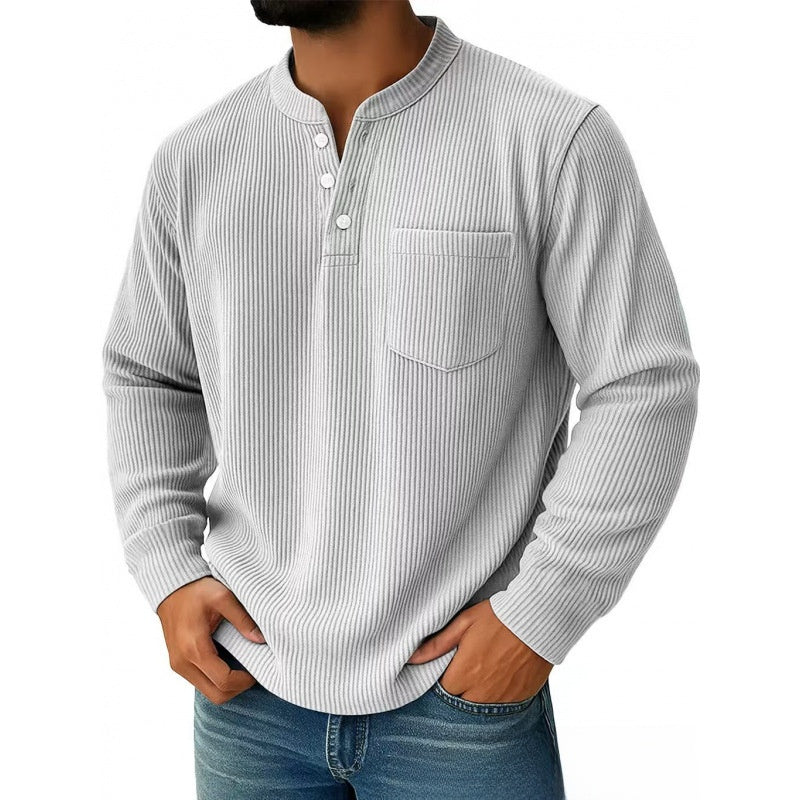 Mens Corduroy Henry Collar Long Sleeve Polo Shirt