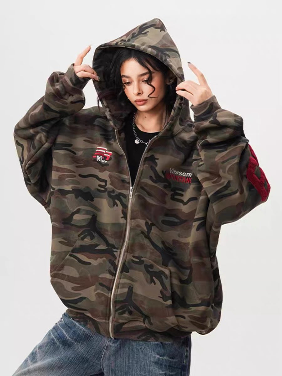 Camouflage Hooded Cardigan Unisex Streetwear