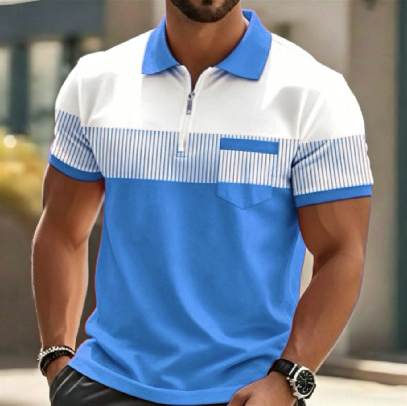 Men's 3D Digital Printing Zippered Collar Short Sleeve Shirt