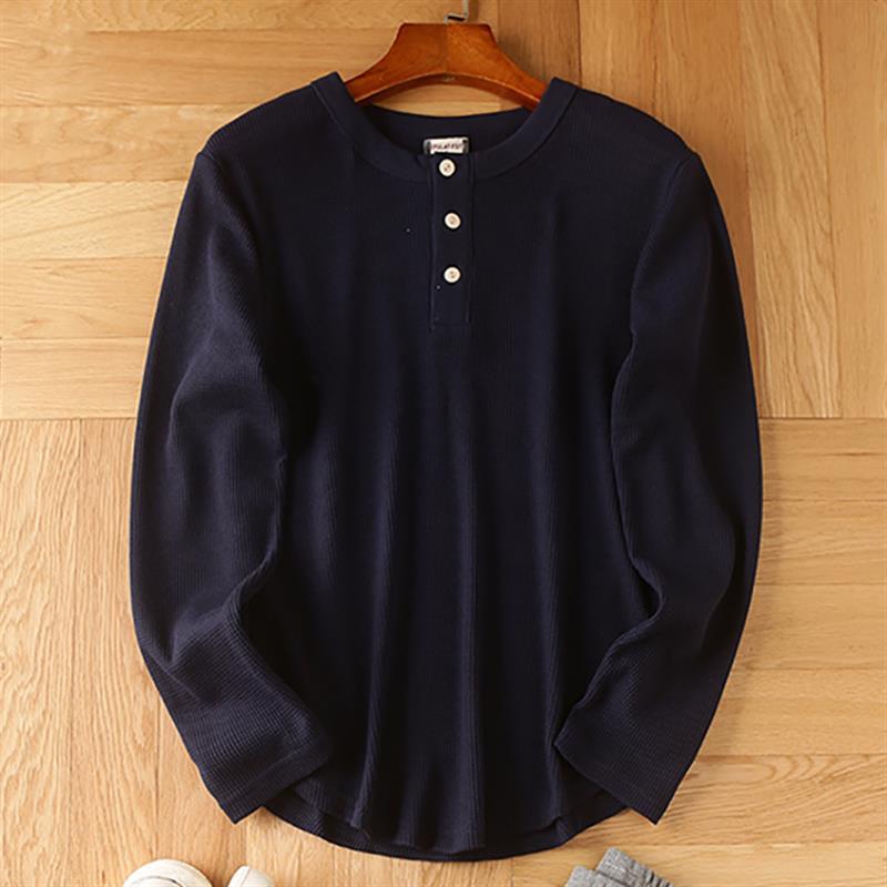 Men's Cotton Waffle Long Sleeve Henry V-Neck T-Shirt