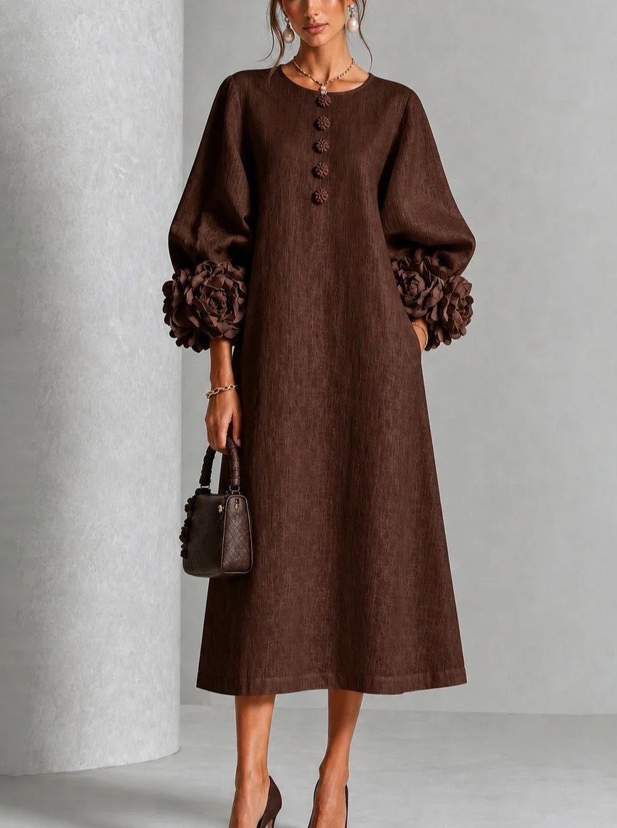French-style three-dimensional flower lantern-style sleeve cotton and linen mid-length dress