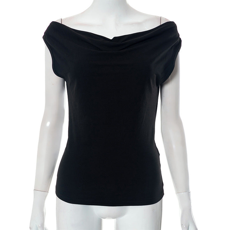 Solid-color collarless sleeveless off-the-shoulder top