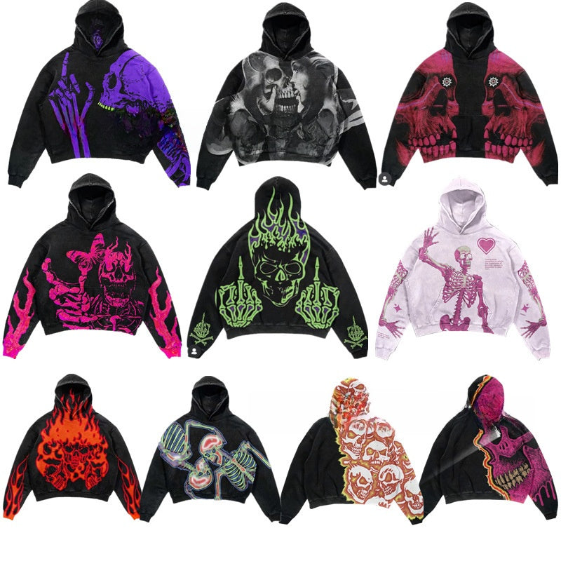 Unisex Skull Print Hooded Sweatshirt