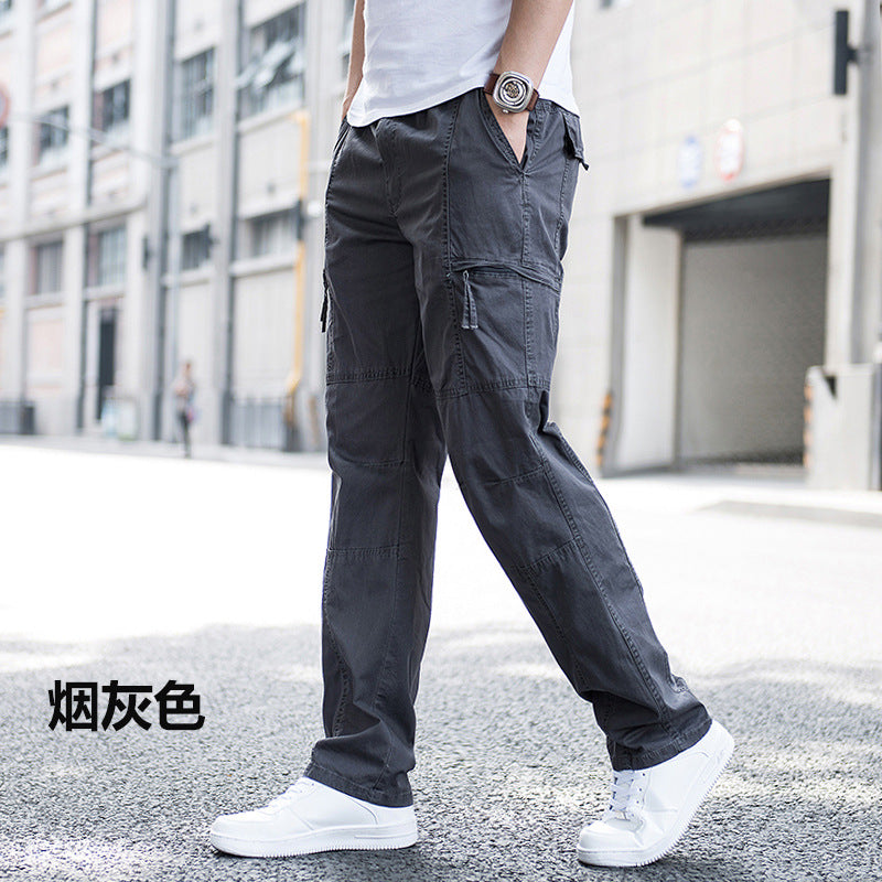 Men's Pure Cotton Loose-Fit Multi-Pocket Cargo Pants Breathable Straight Leg Casual Trousers