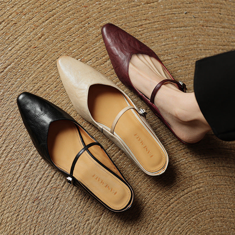 Summer genuine leather half-slipper with mid-heel sandal