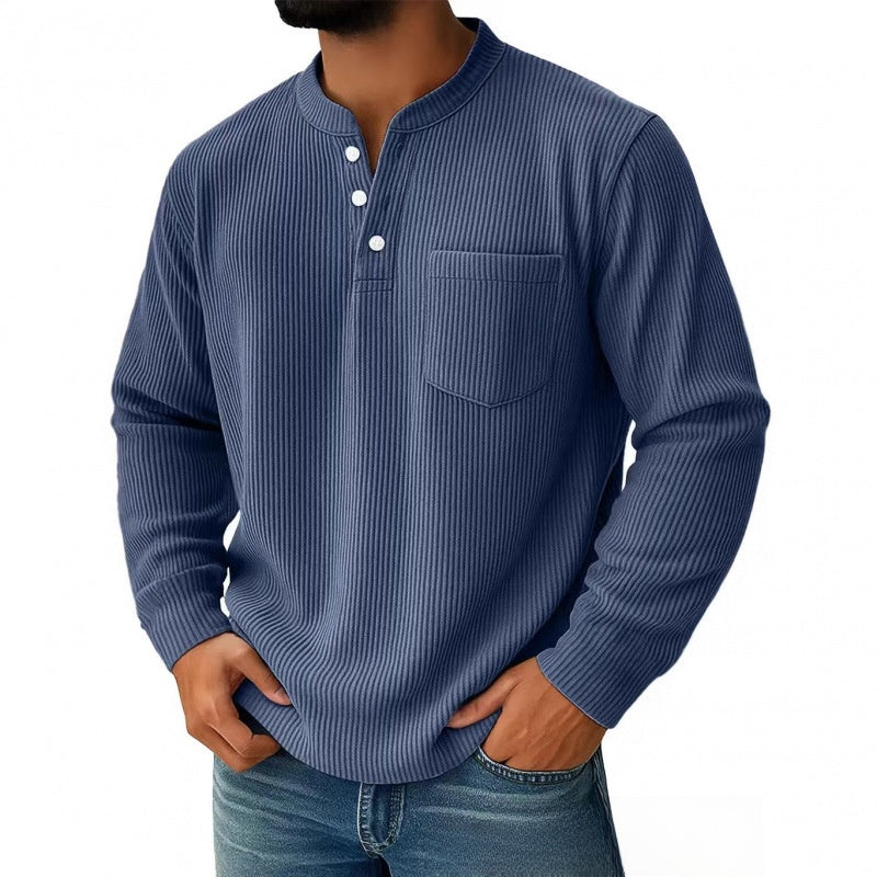 Mens Corduroy Henry Collar Long Sleeve Polo Shirt