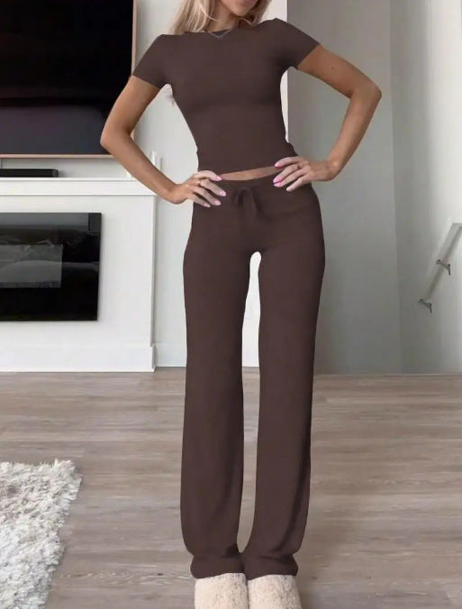 Women Solid Color Casual Long Pants and Short Sleeve Top Two Piece Set