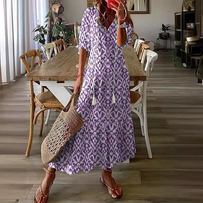Womens V-Neck Printed Lantern Sleeve Dress
