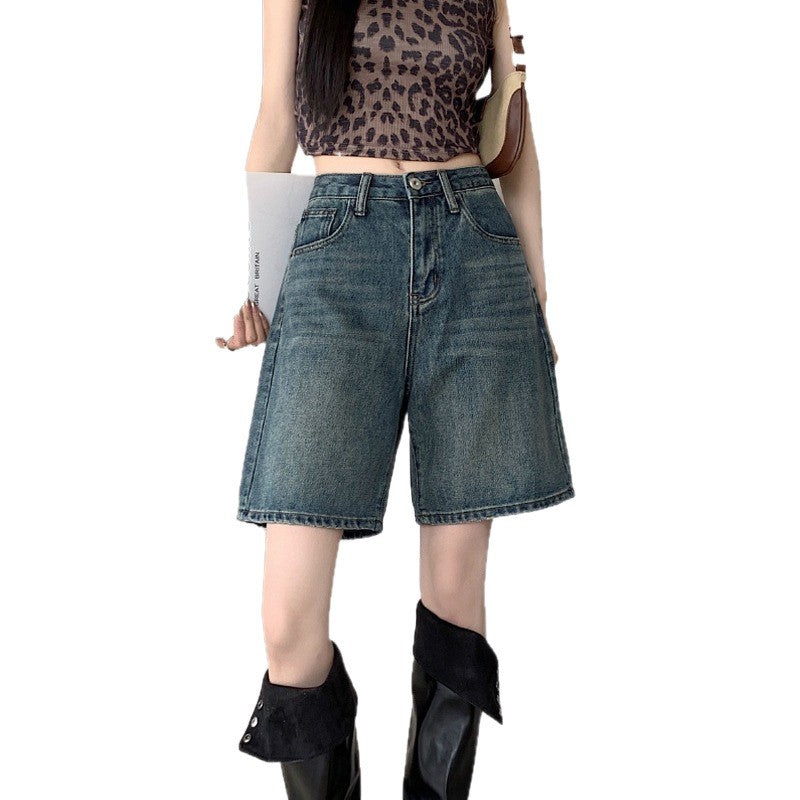 Women's loose washed high-waisted straight-leg denim shorts