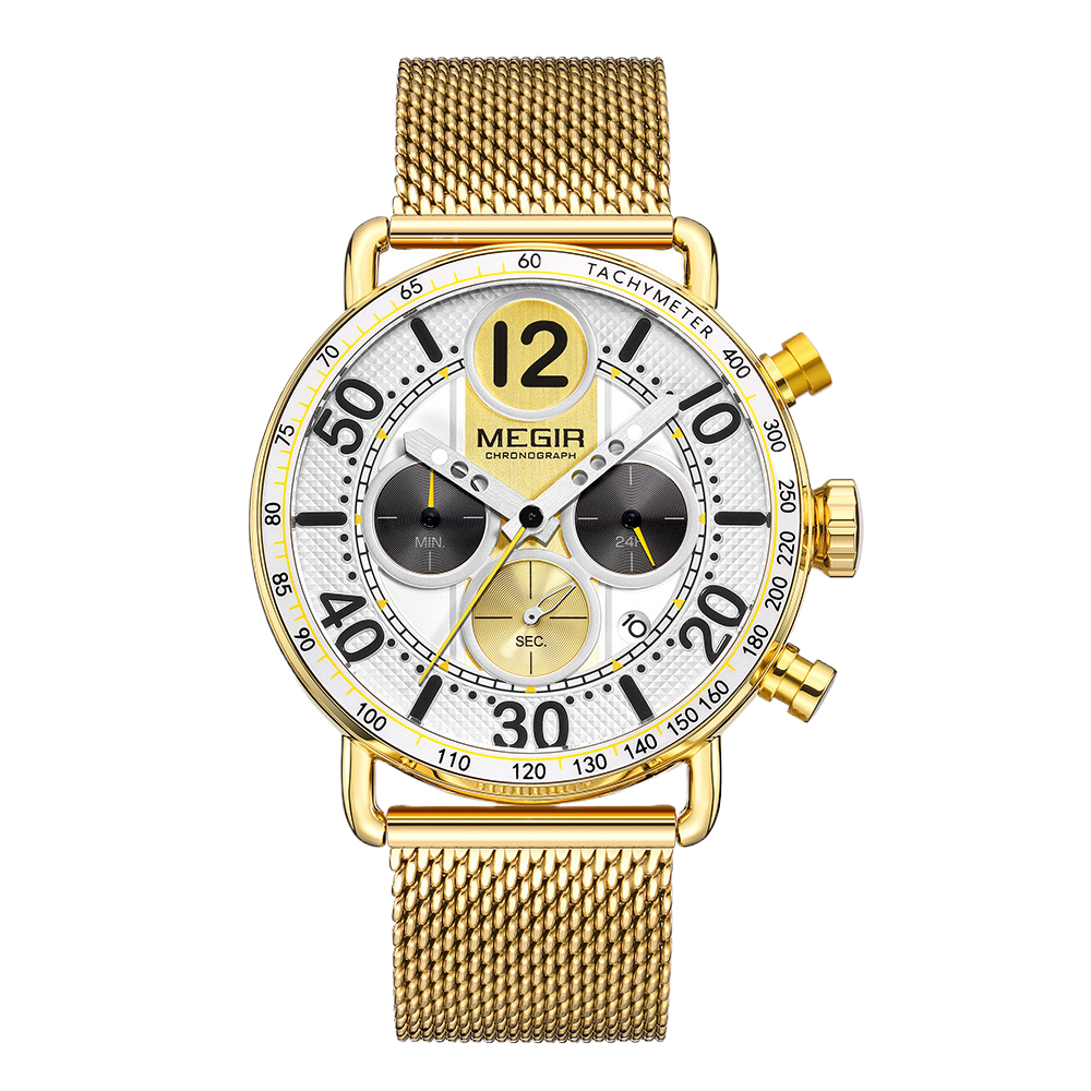 Three-Eye Chronograph Watch with Stainless Steel Mesh Strap