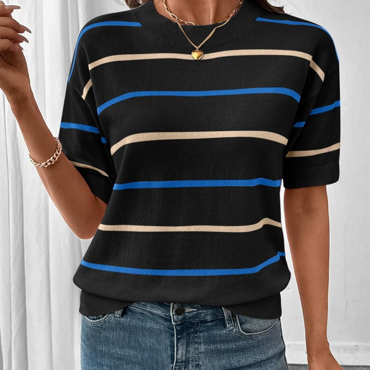Striped Color Block Knit Top for Women