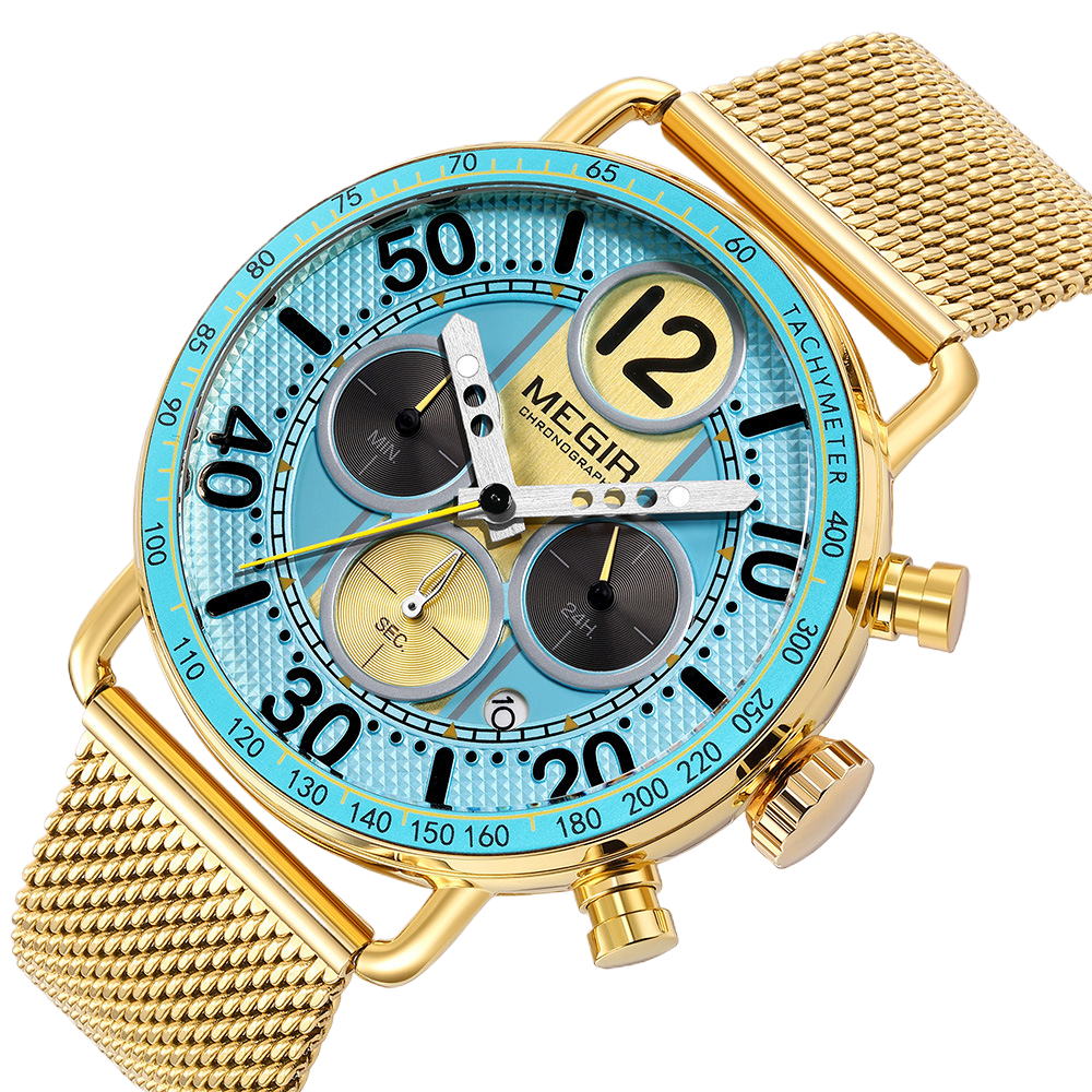 Three-Eye Chronograph Watch with Stainless Steel Mesh Strap
