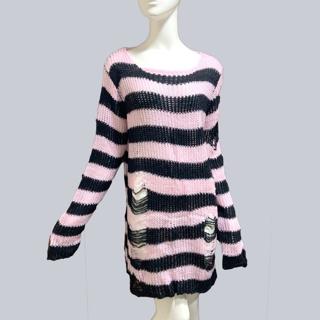 Striped Punk Distressed Long Knit Sweater ? Unisex Loose Fit Dark Style