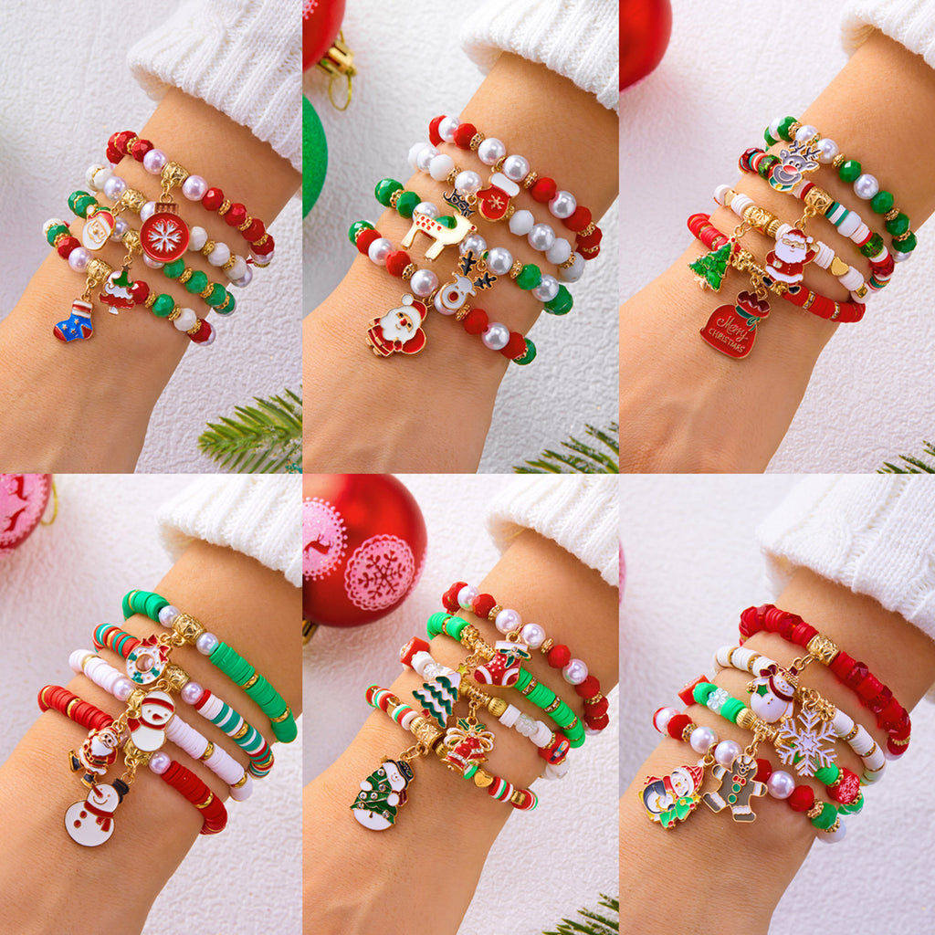 Christmas Series Pearl Soft Clay Rice Bead Bracelet Santa Bell Elk Pendant Bracelet Set