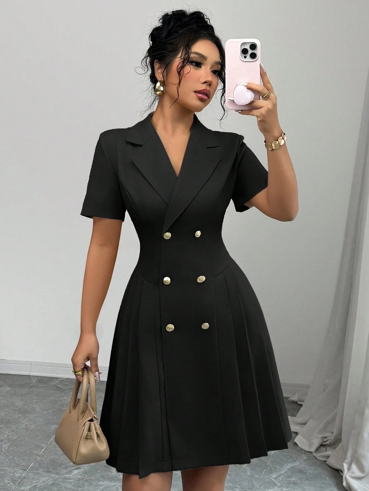 Women's New Solid Color Short Sleeve Waist-Cinching Double-Breasted Dress