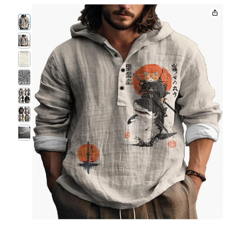 Mens 3D Printed Hooded Short Sleeve Shirt Casual Lapel Polyester Shirt