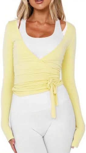 Women's Wrap Lace-Up Top Y2K Long Sleeve Ballet Workout Yoga Shirt