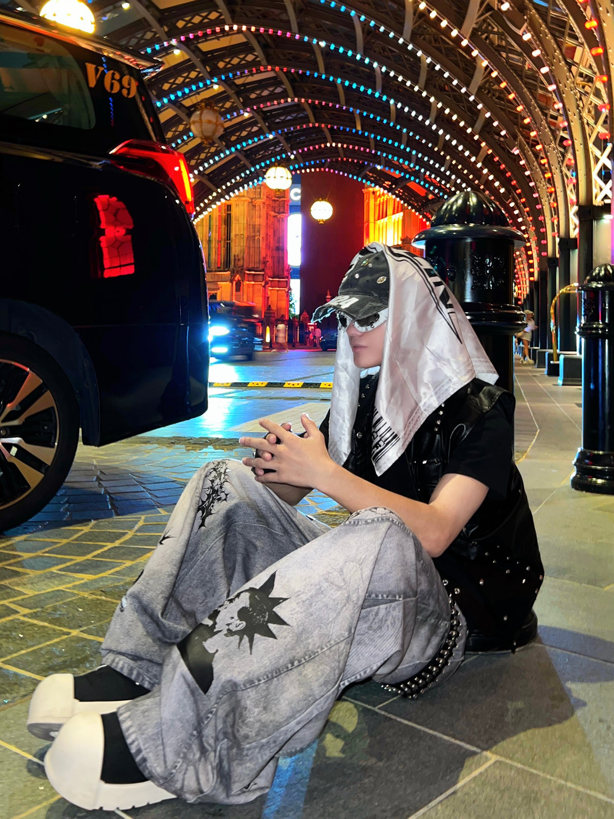 Unisex Dirty-Dye 3D Printed Wide-Leg Denim Pants