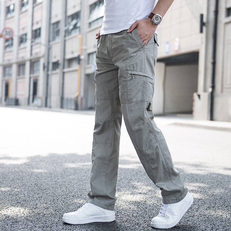 Men's Pure Cotton Loose-Fit Multi-Pocket Cargo Pants Breathable Straight Leg Casual Trousers