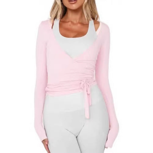 Women's Wrap Lace-Up Top Y2K Long Sleeve Ballet Workout Yoga Shirt