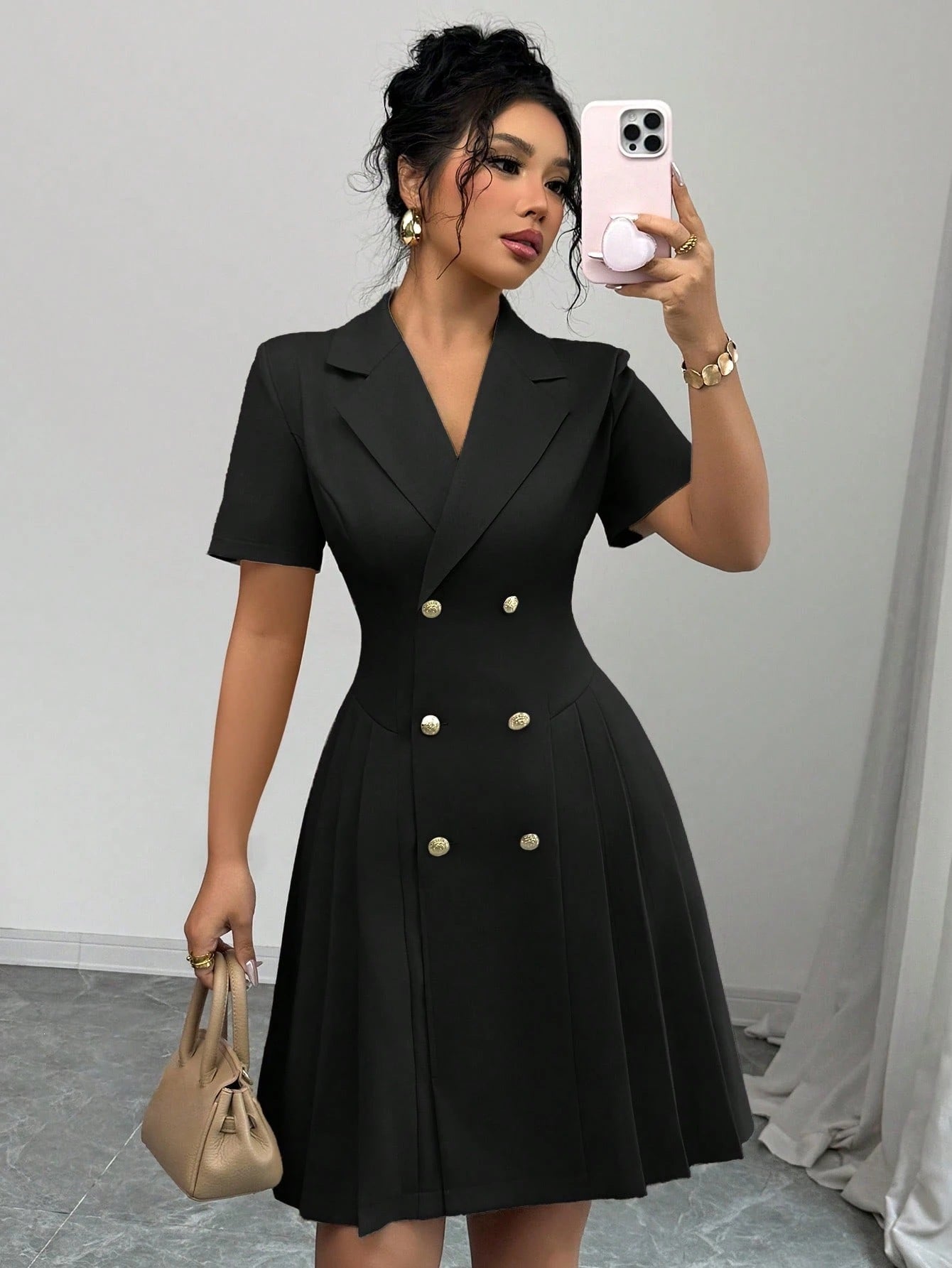 Women's New Solid Color Short Sleeve Waist-Cinching Double-Breasted Dress