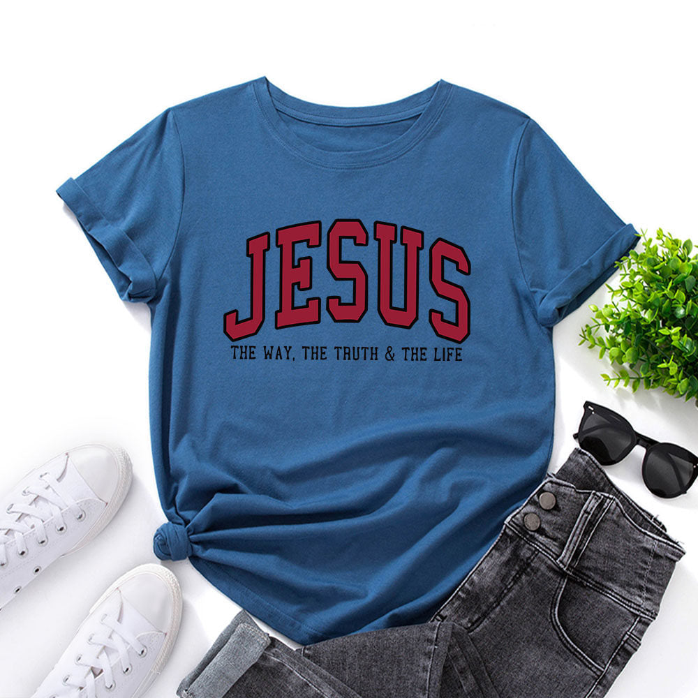 Jesus Letter Print Cotton Tshirt Loose Fit Short Sleeve Top