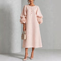 French-style three-dimensional flower lantern-style sleeve cotton and linen mid-length dress