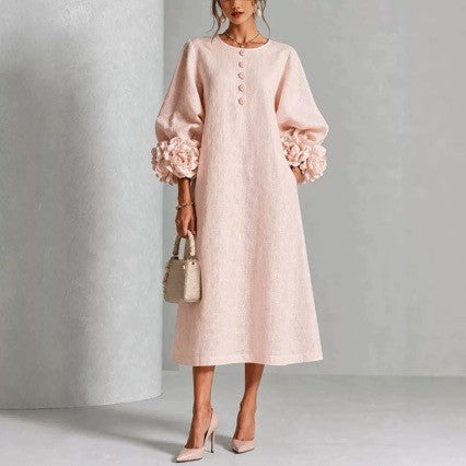 French-style three-dimensional flower lantern-style sleeve cotton and linen mid-length dress