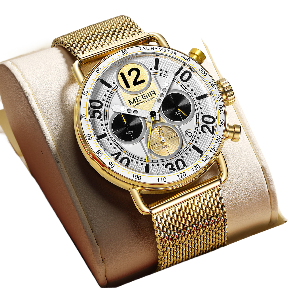 Three-Eye Chronograph Watch with Stainless Steel Mesh Strap