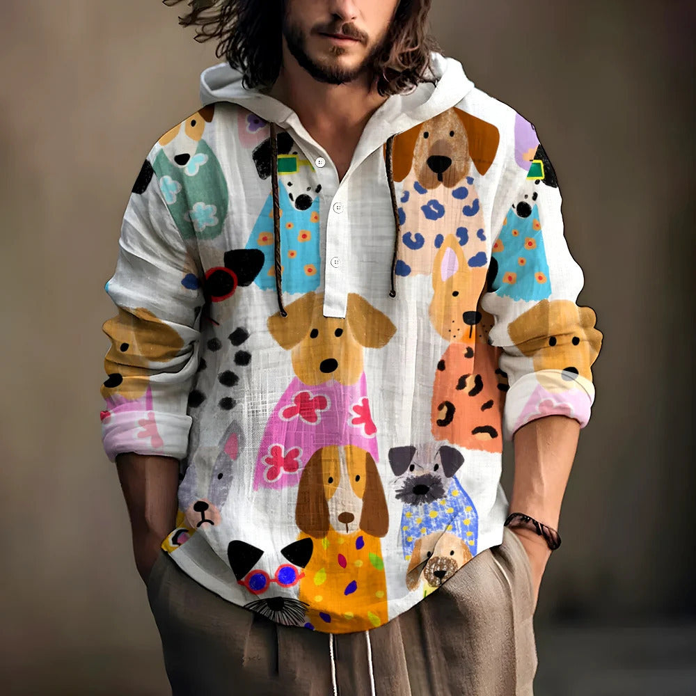 Mens 3D Printed Hooded Short Sleeve Shirt Casual Lapel Polyester Shirt