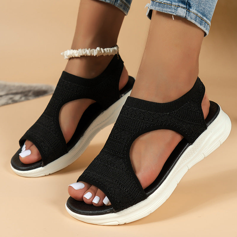 Cross-Border Summer Fly-Knit Open-Toe Thick-Soled Sandals for Women