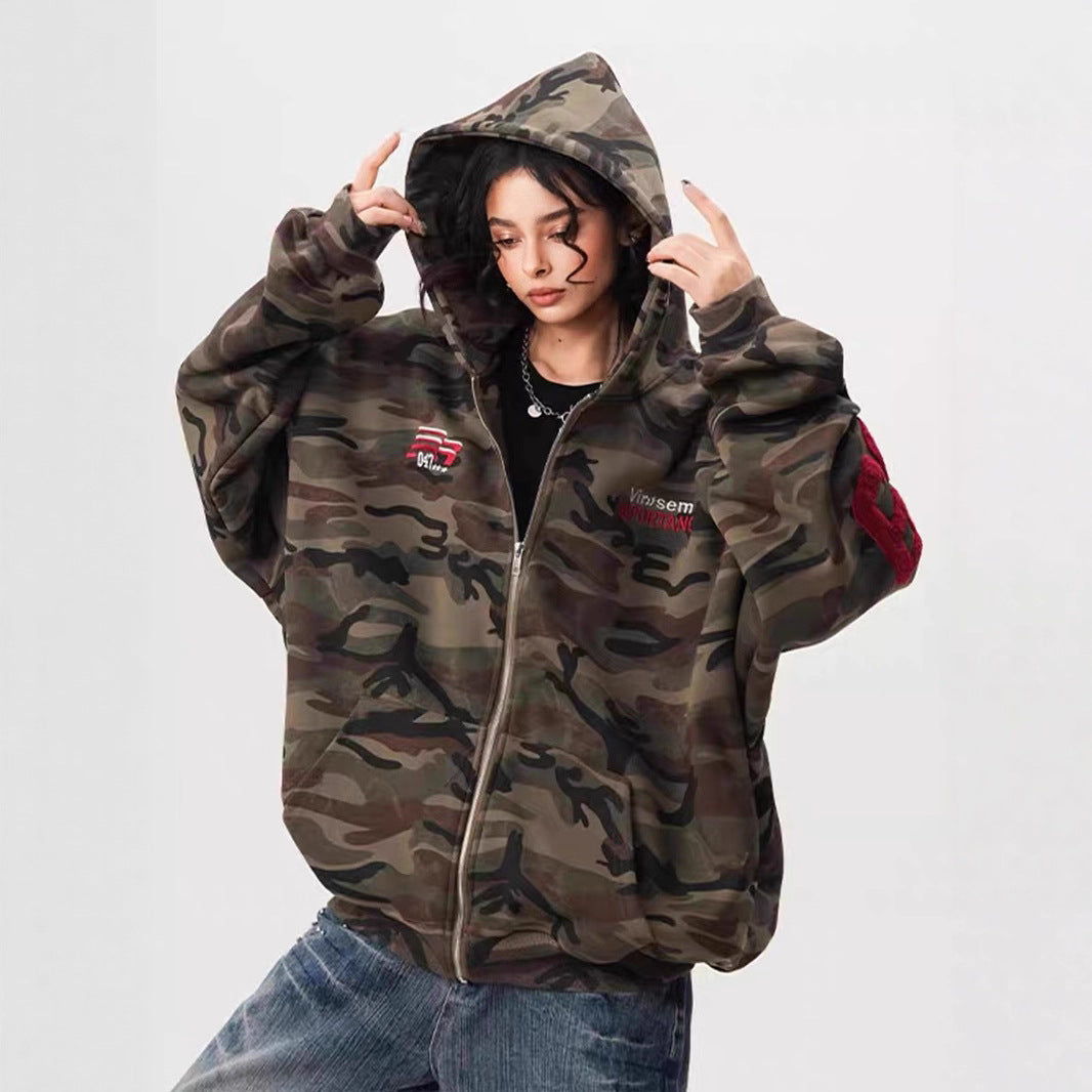 Camouflage Hooded Cardigan Unisex Streetwear